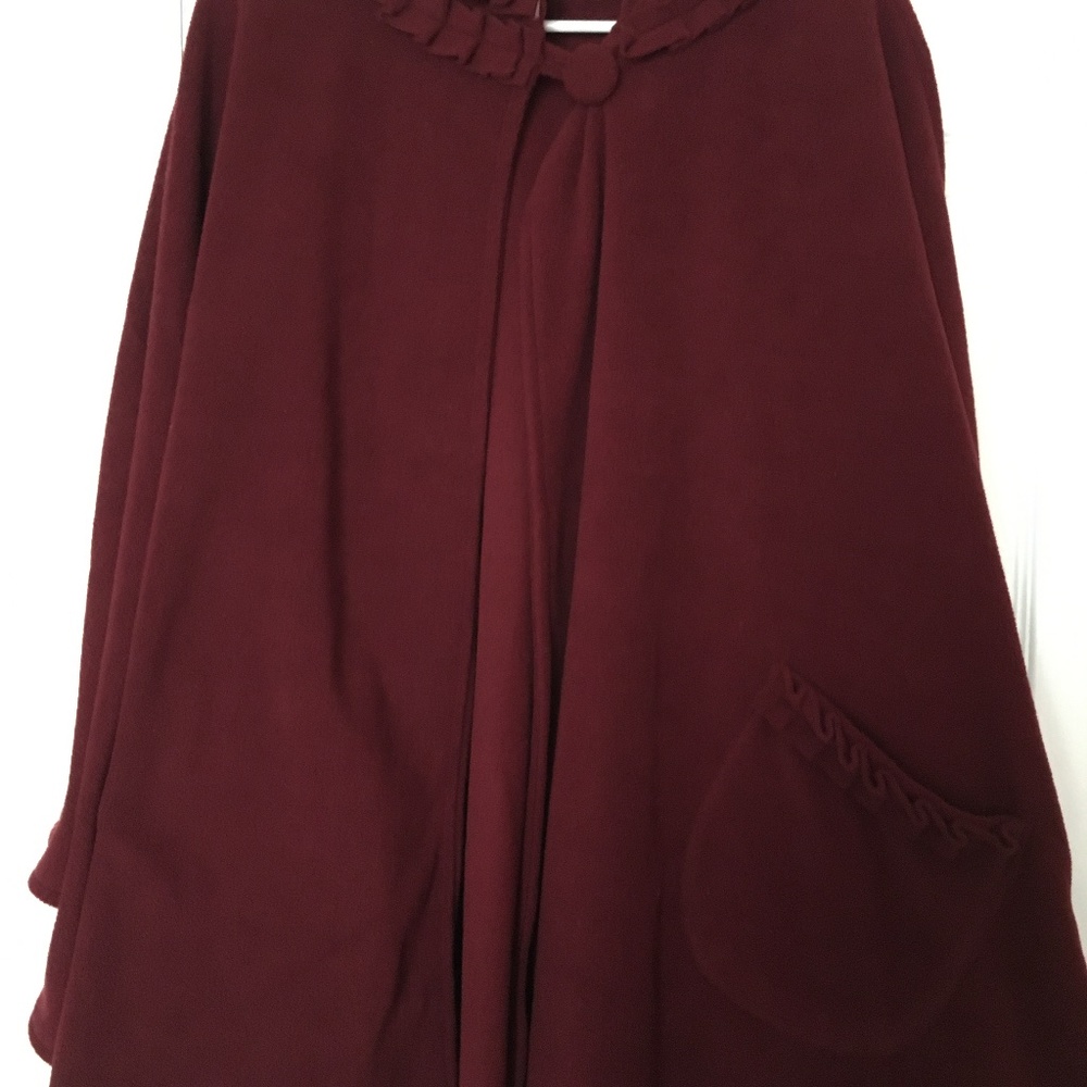 Warm Maroon sweater poncho, looks like it came out of a Charles Dickens novel